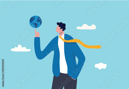 Global business or world economy, power to control the world, leadership to success in global network concept, smart businessman manager spinning globe or planet earth on his strong finger.