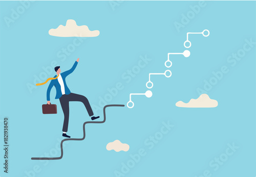 Digital transformation, company use technology and innovation to optimize workflow and change future concept, businessman corporate leader climbing up analog stair to transform into digital step.