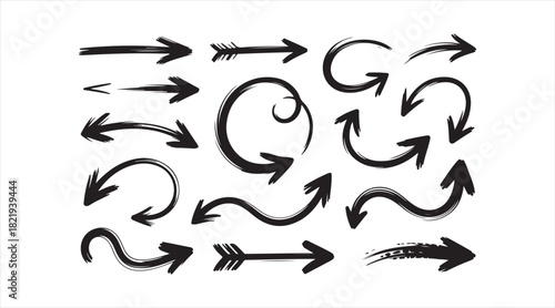 Creative arrow icon collection featuring rough brush lines, swirls, and expressive directional shapes