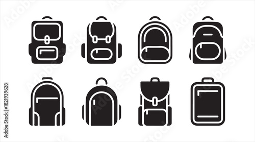 Black travel bag icon collection including backpacks, totes, and portable luggage symbols