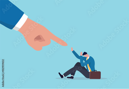 Fear of failure, loser afraid of business mistake, anxiety or stressed from work pressure, scared or challenge concept, depressed panic businessman fear of giant pointing finger blame him for mistake