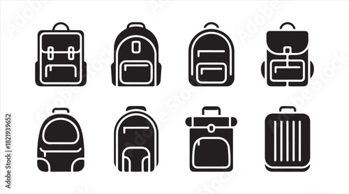 Set of backpack and travel bag silhouettes featuring school bags, hiking packs, and rolling luggage designs