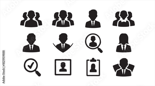 Set of business profile and recruitment silhouettes featuring team groups, avatars, and HR icons