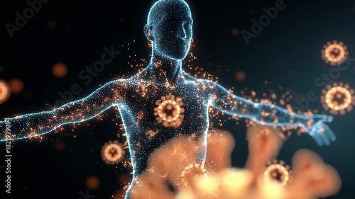 Representation of human body with glowing virus particles, illustrating interaction between immune system and pathogens