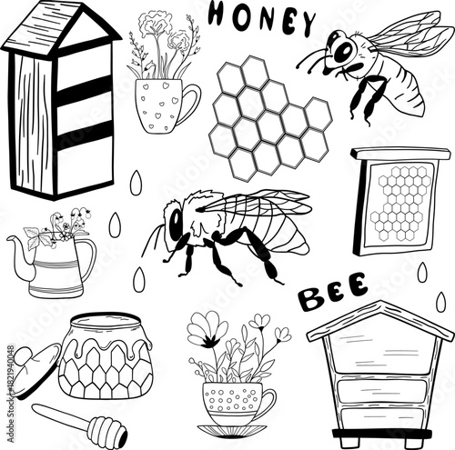 Hand drawn back and white vector set featuring bees, honeycombs, hives, honey jars and flowers. Perfect for beekeeping themes, eco farming, nature designs, honey products.