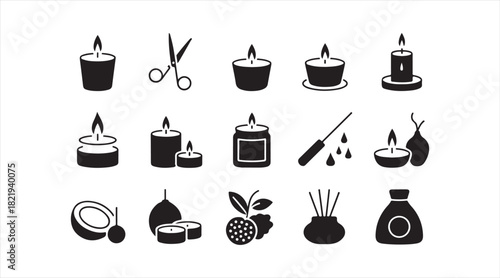 Set of aromatherapy and candle silhouettes featuring essential oils, herbs, fruits, and spa wellness icons