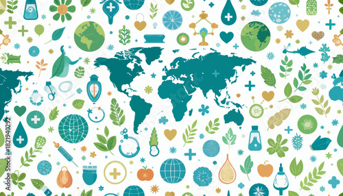 Seamless pattern of global healthcare and medical symbols
