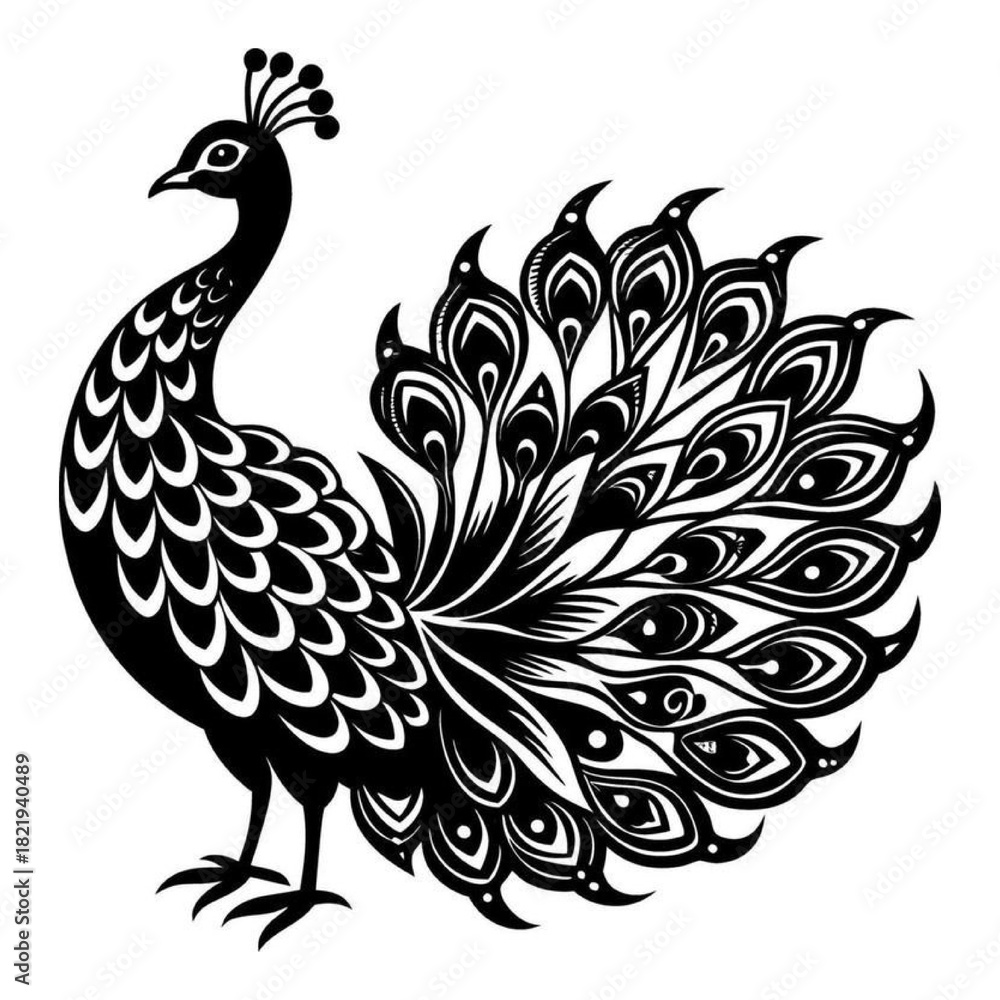 Fototapeta premium Peacock vector illustration with feathers isolated on white background cartoon style bird design