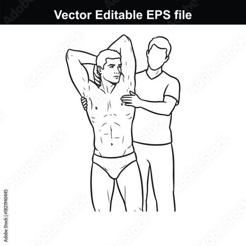 Line art illustration of a physical therapist assisting a patient with stretching their arm, isolated on white background