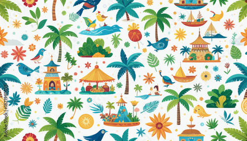 Seamless pattern of tropical islands and birds