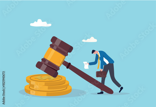 Penalty fine to pay for prohibited legal, charge and expense punishment notice, traffic charge bill concept, sad man holding fine notice with law gavel on top of money coins stack.