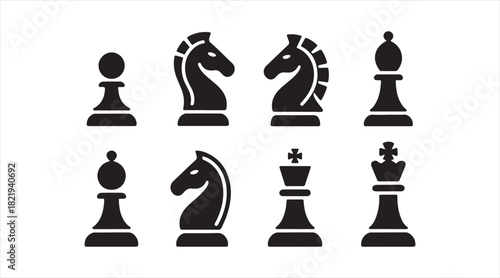 Black chess icon collection including pawn, knight, rook, bishop, and queen shapes