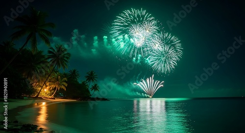 Tropical beach night, green fireworks burst above serene ocean