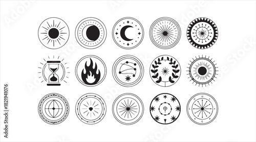 Set of mystical circular icons featuring suns, moons, flames, constellations, and spiritual decorative symbols