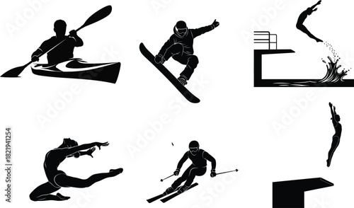 Collection of sports silhouettes featuring kayaking snowboarding diving gymnastics skiing and swimming in black and white