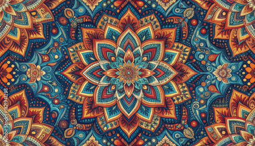 Seamless pattern of colorful ornate floral mandalas