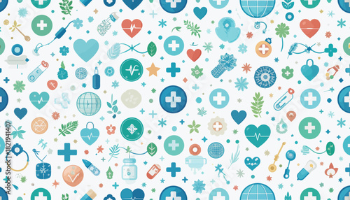 Seamless pattern of healthcare symbols and medical icons