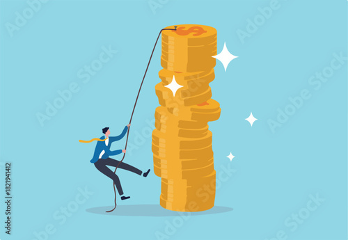 Financial goal, income, salary and career path, investor risk to make profit or savings to reach financial independence concept, businessman trying hard climbing rope to reach top of money coins stack