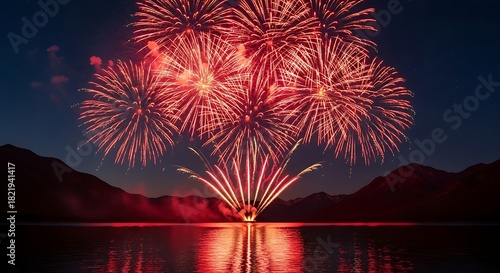 Grand red fireworks display reflecting on mountain lake at night