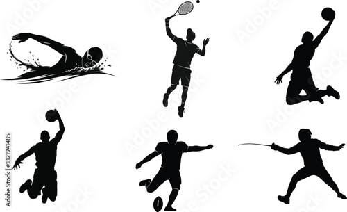 Silhouette collection of athletes engaging in various sports activities on a white background for creative projects