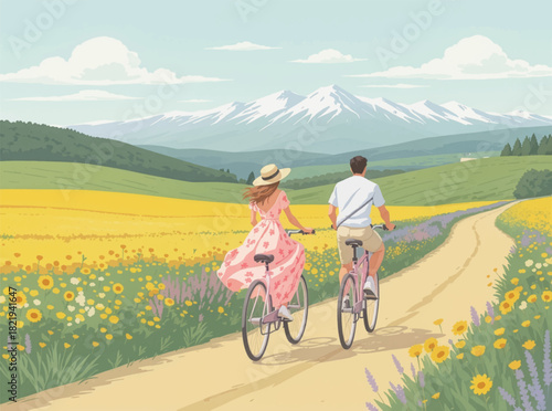 Couple enjoying a peaceful bike ride through a flower field. Cycling together in a vibrant, colorful flower meadow. Romantic bike ride through a scenic countryside flower field
