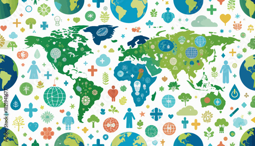 Seamless pattern of world map with ecology symbols