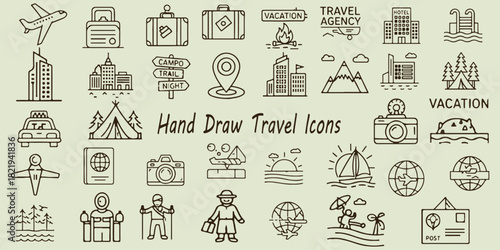 Hand Draw Travel Icons, Collection Of Airplane Suitcase Camera And Globe Symbols For Tourism Design Project Management And Vacation Applications

