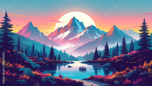 Mountains and lake scene at sunset