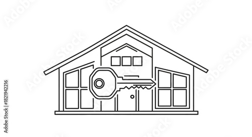 Line art illustration of a house with a large key in front, symbolizing home ownership or security.
