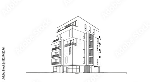 Architectural rendering of a modern apartment building with balconies and large windows, showcasing contemporary design.