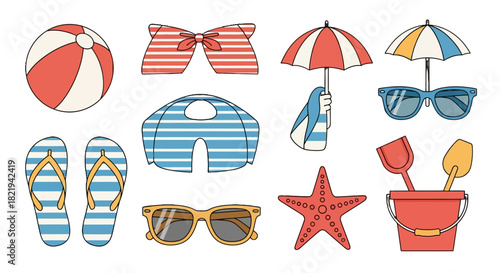 A collection of colorful beach and summer vacation items on a white background, perfect for summer holidays.