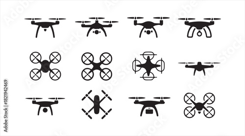 Silhouette set of quadcopters ideal for aviation, surveillance, and modern technology themes