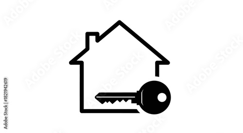 Black and white illustration of a house with a key, symbolizing home ownership.