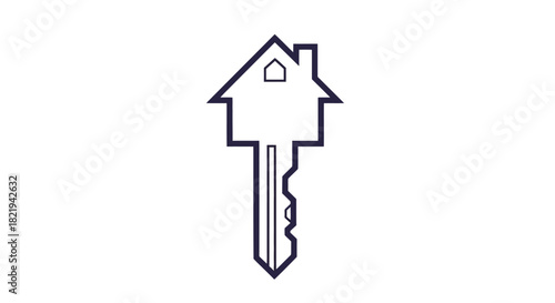 A minimalist line art icon of a key with the head shaped like a house, symbolizing homeownership and real estate.