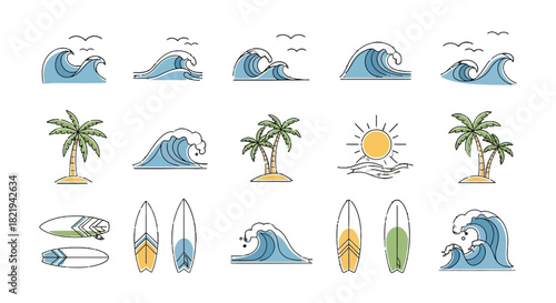Collection of stylized illustrations depicting ocean waves, palm trees, surfboards, and the sun, representing a beach and surfing theme.