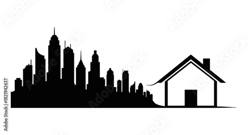 Black silhouette of a city skyline with tall buildings gradually transitioning into a single house, representing urban and residential development.
