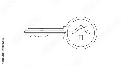 Illustration of a key with a house inside the circular part, symbolizing home ownership or real estate.