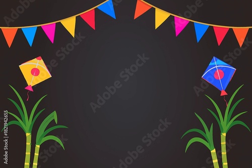 Colorful kites and sugarcane stalks celebrate Makar Sankranti festival. Happy  Lohri  day background 