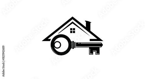 Black and white logo of a house with a key, representing real estate.