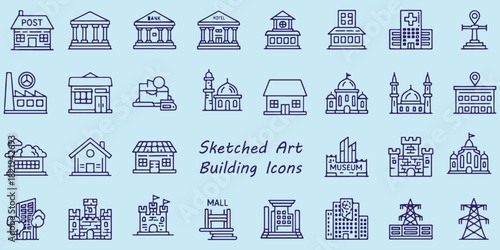 Sketched Art Building Icons, Collection Of Post Bank Hotel And Mall Symbols For City Design Project Management And Architecture Applications


