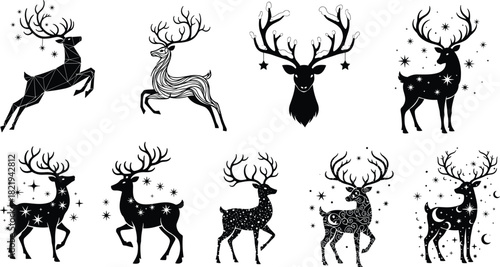 Black and white Christmas reindeer silhouettes with decorative stars, winter holiday illustration set featuring elegant seasonal deer artwork