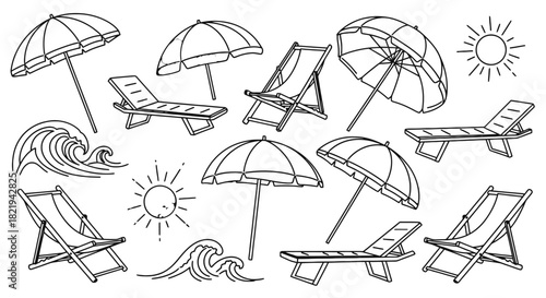Beach scene with umbrellas, deck chairs, sun and waves in black and white.