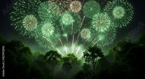 Vibrant green fireworks illuminate dense forest at deep night