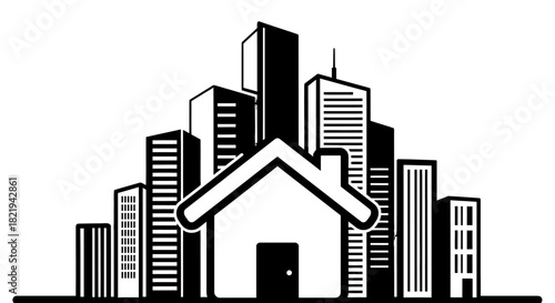 Black and white illustration of a house in front of a city skyline with skyscrapers.