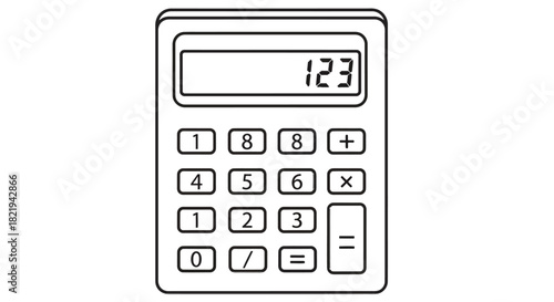 A simple black and white line art illustration of a basic electronic calculator with numbers on the display.