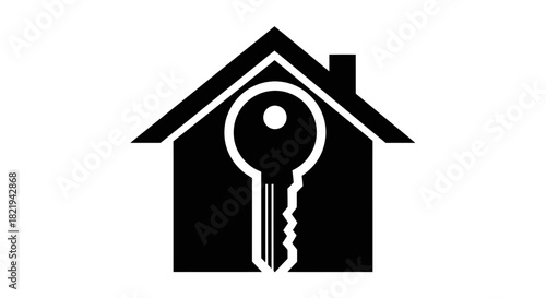 A black and white graphic illustration of a house outline with a key superimposed in the center, symbolizing home security or real estate.