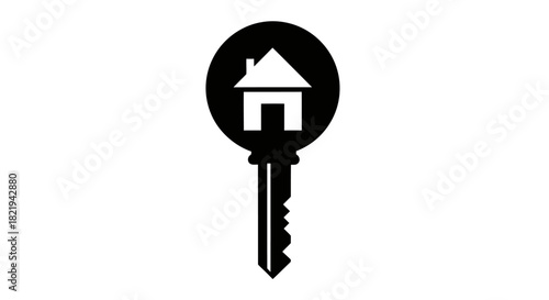 A black silhouette of a house key with a small house icon on its head, symbolizing home ownership and security.