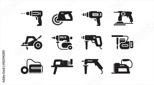Silhouette set of electric tools including drills, heat guns, and saws for engineering and building illustrations