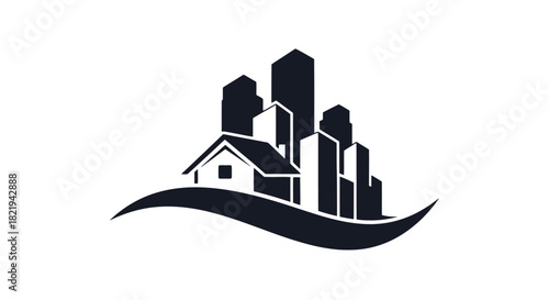 A stylized logo featuring a house in front of a city skyline, representing real estate.