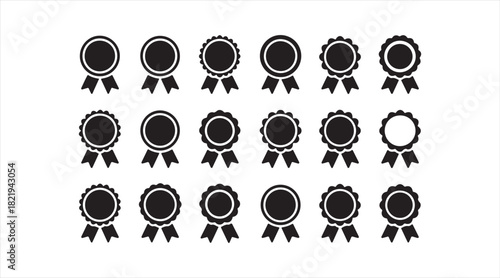 Set of award badge silhouettes with ribbon seals and achievement emblems for recognition and certification artwork